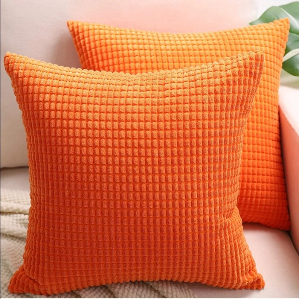 Luxury Home | Set of 2 Bright Orange Striped Soft Corduroy Throw Pillow Covers